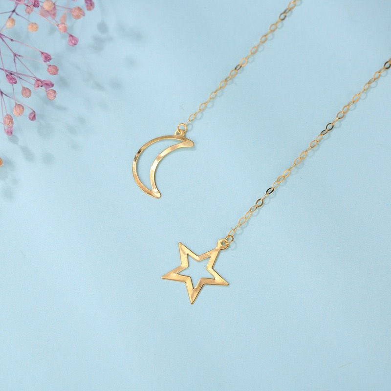 Miniatura: Aros Largos Cadena Luna Estrella Oro 18k