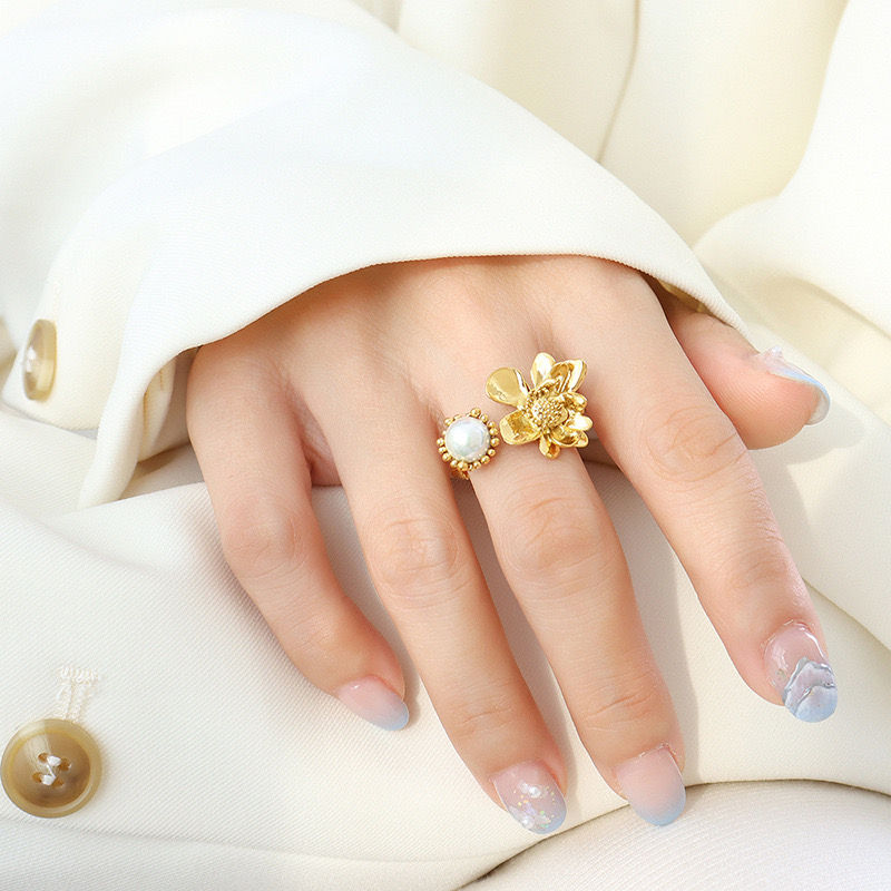 Miniatura: Anillo Baño Oro 18k Flor Perla Ajustable