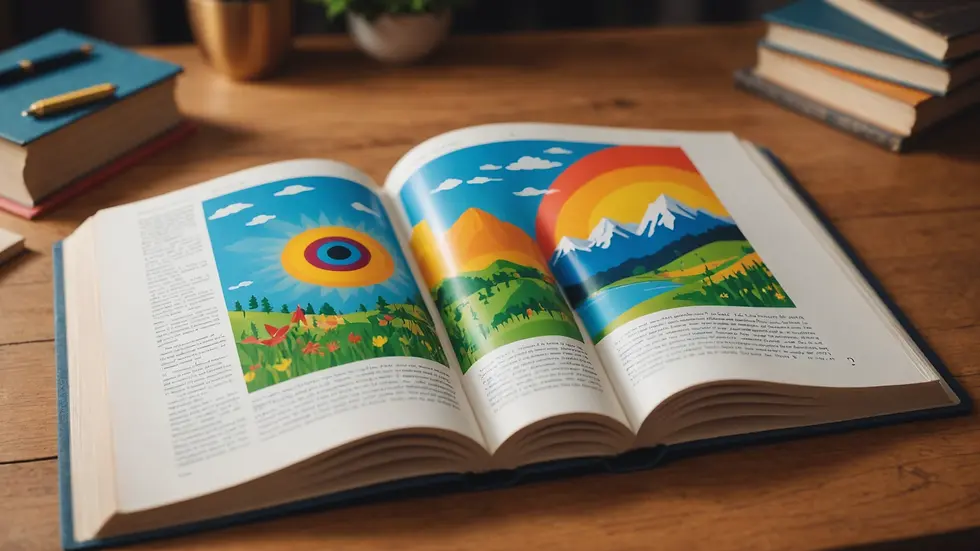 Eye-level view of an open book with colorful illustrations in a language-learning context
