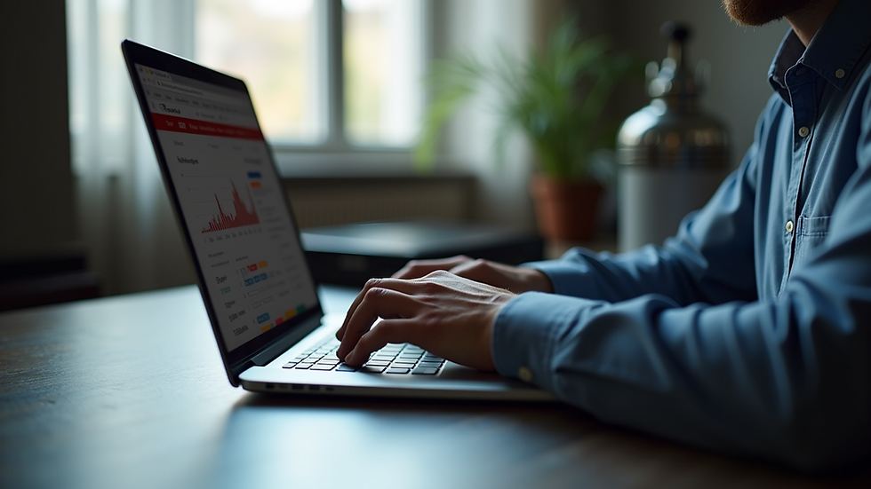 Eye-level view of a person analyzing blog traffic data on a laptop