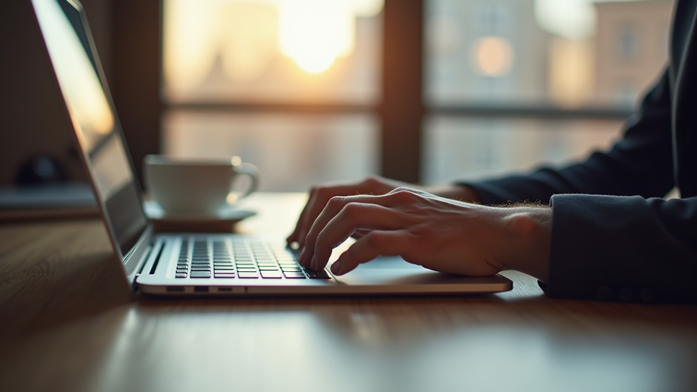 Eye-level view of a person typing on a laptop with a coffee cup nearby