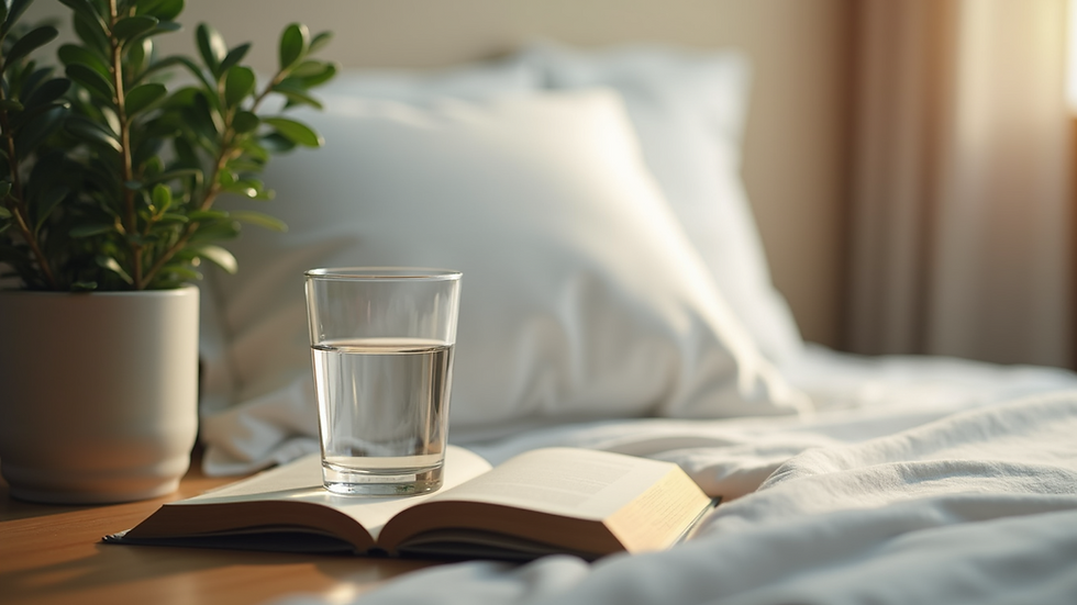 Close-up view of a bedside table with a glass of water, a book, and a small plant