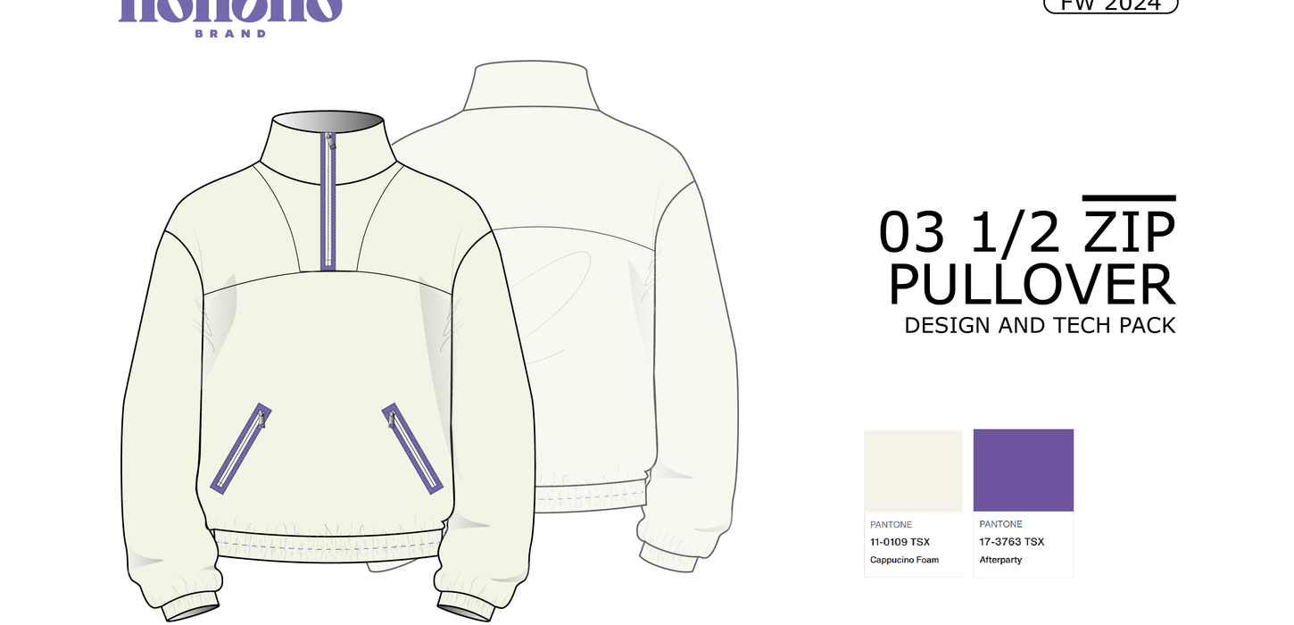 Design and Technical Drawing for Nonono Brand Fleece Jacket with half zip and contrast color detaling and seams created using Adobe Illustrator