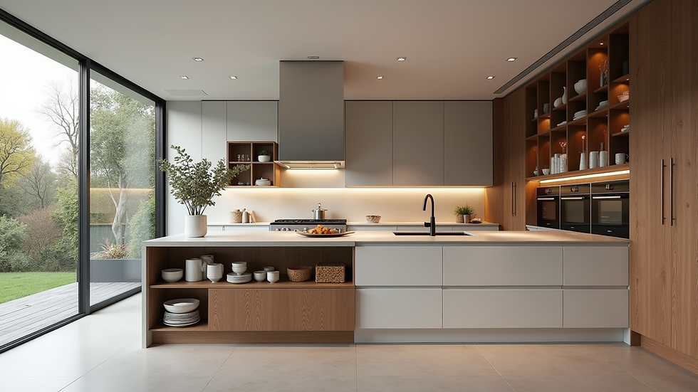 Vue en plongée d'une cuisine sur mesure avec îlot central et rangements intégrés