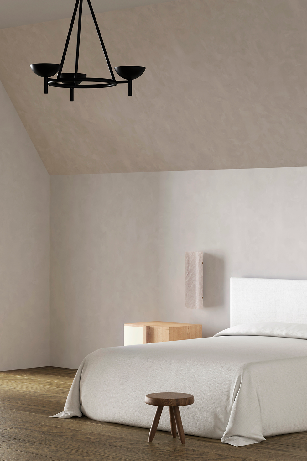Thumbnail: A modern bedroom features a white bed, a small wooden side table, a black minimalist chandelier with three torchieres, and large windows overlooking greenery.