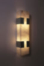 Thumbnail: Ponti alabaster sconce finished in brushed nickel, 4 clips, side view, light on