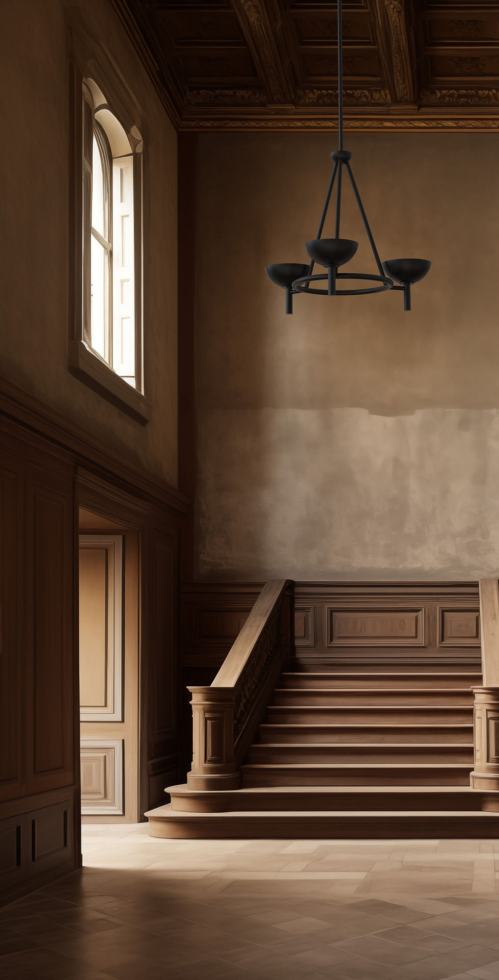Thumbnail: A grand, empty room with a wooden staircase, tall arched window, chandelier, and wood-paneled walls is accented by old world torchieres casting a warm glow in a moody room.