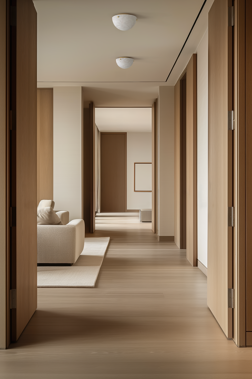 A warm modern hallway with wooden flooring and open doors leads to a room with a beige sofa and a plush white carpet.