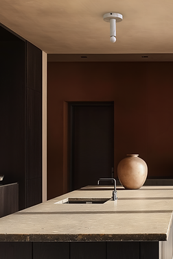 A modern kitchen with dark wood cabinets, a beige marble countertop, and minimalist decor including a large clay vase and a stone bowl. The room features sleek Italian lighting and an island sink, creating a warm, elegant atmosphere.