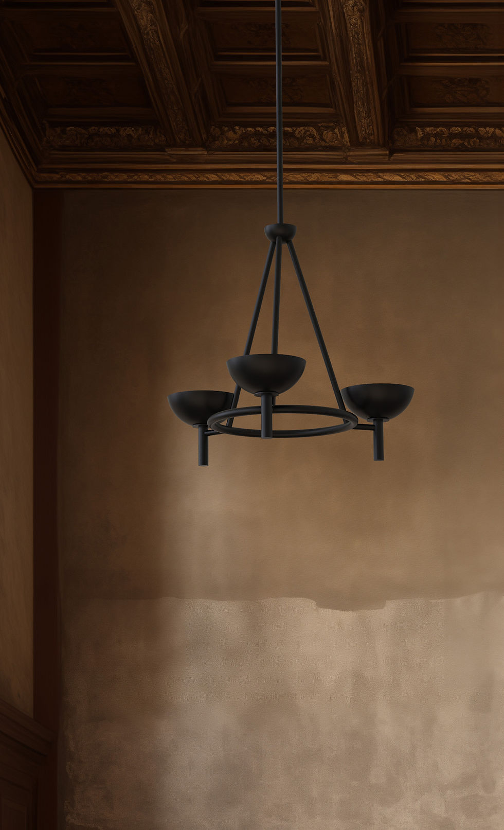 Thumbnail: A grand, empty room with a wooden staircase, tall arched window, chandelier, and wood-paneled walls is accented by old world torchieres casting a warm glow in a moody room. Detail shot 1