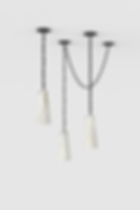 Three alabaster cone lights hang from black chains