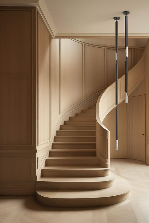 A wooden spiral staircase with a classic design ascends in a well-lit room. Tall Italian brass pendant lights hang from the ceiling next to the stairs.