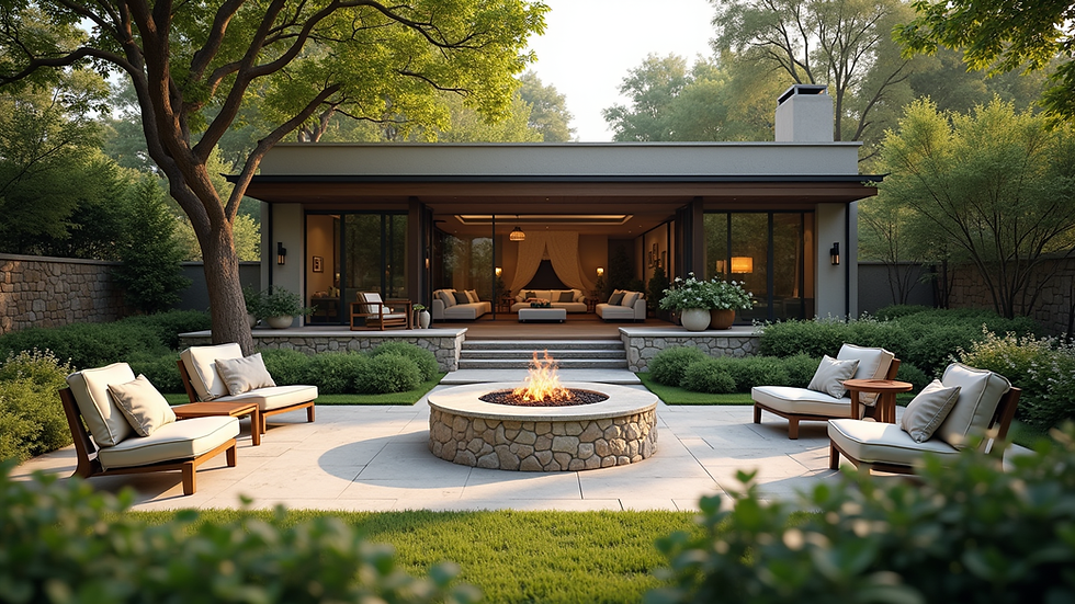 Wide angle view of a landscaped backyard with a stone fire pit and seating area