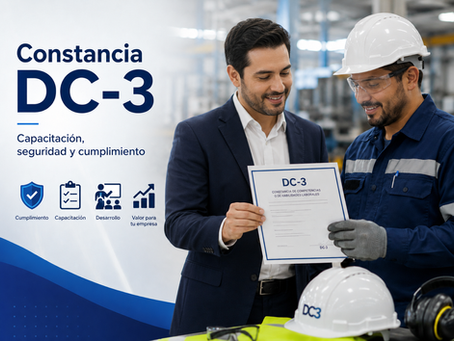 una composición corporativa e industrial sobre la Constancia DC-3. A la izquierda aparece el título principal “Constancia DC-3” con una frase de apoyo: “Capacitación, seguridad y cumplimiento”, acompañado de íconos relacionados con cumplimiento, capacitación, desarrollo y valor para la empresa. A la derecha se observa a un capacitador masculino con traje azul revisando una constancia DC-3 junto a un trabajador industrial con casco, lentes de seguridad y uniforme. El fondo simula una planta o área industrial, reforzando el enfoque de capacitación laboral, seguridad y cumplimiento normativo.