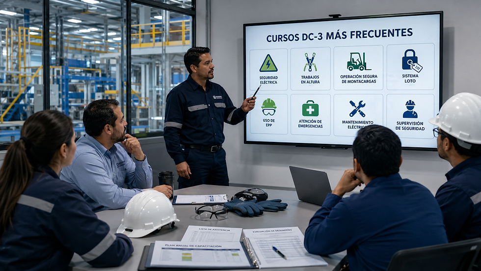 Capacitación en fábrica: instructor señala pantalla con cursos DC-3; asistentes con cascos y EPP observan atentos.