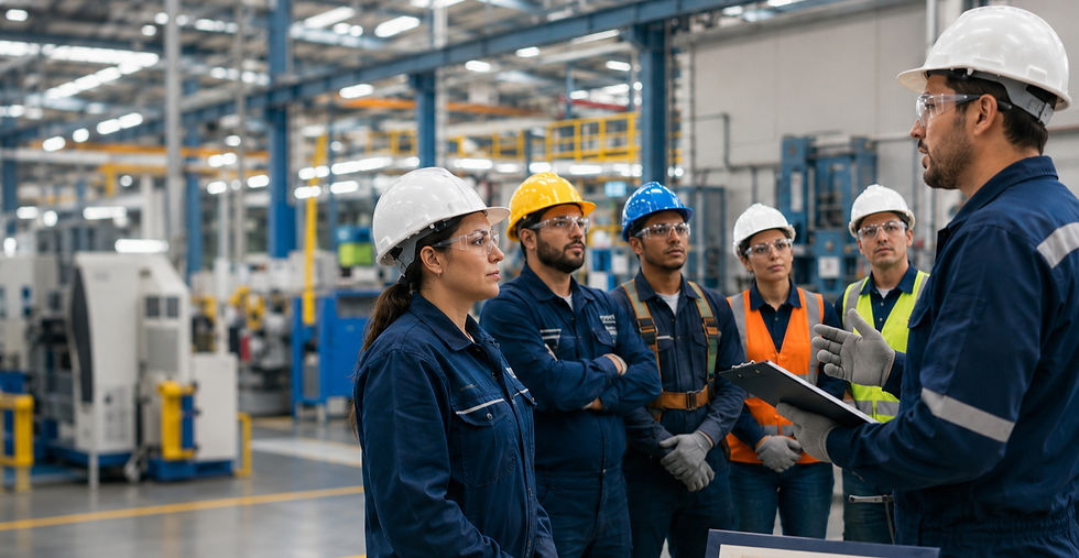Supervisor capacita a un grupo de trabajadores con casco y lentes de seguridad dentro de una planta industrial.
