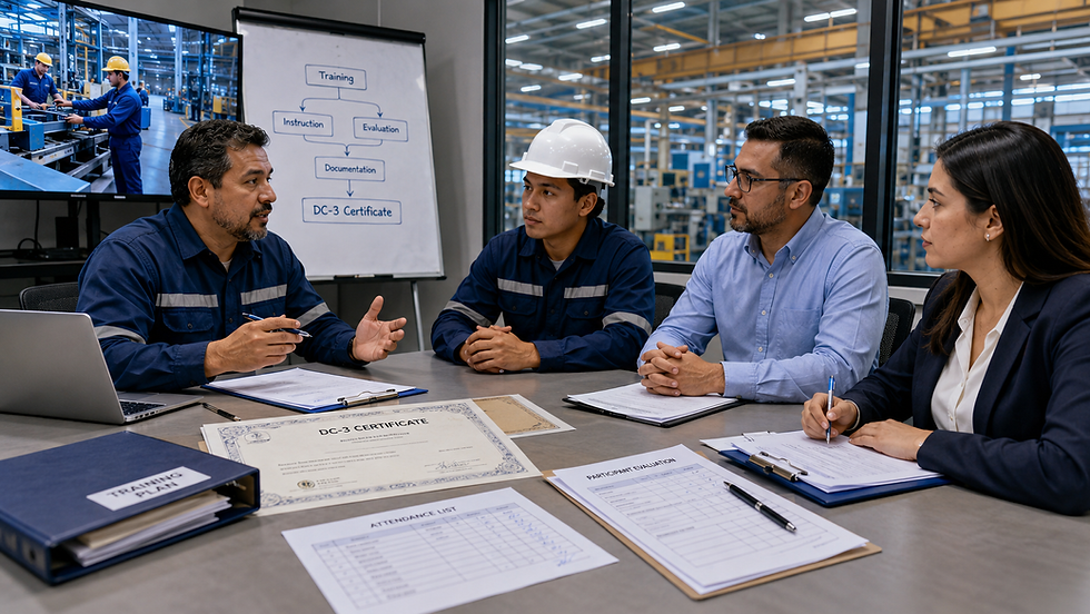 Reunión de capacitación en fábrica: cuatro personas escuchan a un instructor junto a un pizarrón con Training y DC-3 Certificate.
