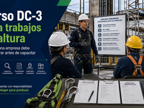 Instructor de seguridad explica un curso DC-3 de trabajos en altura a trabajadores con casco y arnés, mientras revisan equipo de protección, lista de asistencia, evaluación y evidencia de capacitación en una zona industrial con andamios.