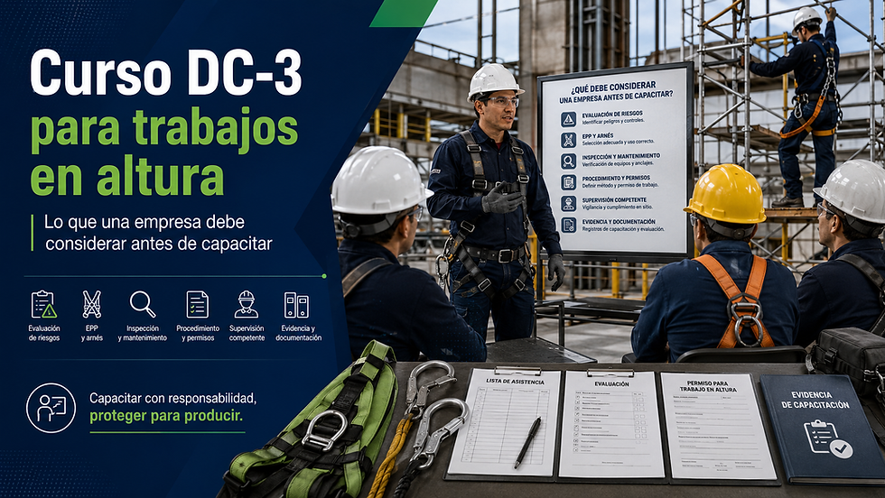Instructor de seguridad explica un curso DC-3 de trabajos en altura a trabajadores con casco y arnés, mientras revisan equipo de protección, lista de asistencia, evaluación y evidencia de capacitación en una zona industrial con andamios.
