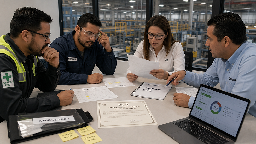 Cuatro empleados revisan documentos y un plan de formación en una sala de fábrica; se leen HR, Maintenance, Safety First y DC-3.