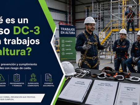 Instructor con arnés explica un curso DC-3 de trabajos en altura a un grupo de trabajadores con casco, mientras revisan equipo de protección, procedimientos, evaluaciones y constancias en una zona industrial con andamios.