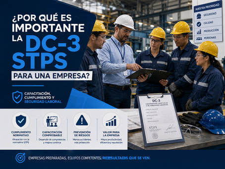 portada corporativa-industrial sobre la importancia de la DC-3 STPS para una empresa. Aparece un supervisor explicando información a un equipo de trabajadores con casco y equipo de seguridad dentro de una planta industrial. una constancia DC-3 en primer plano, junto con íconos que destacan beneficios como cumplimiento normativo, capacitación comprobable, prevención de riesgos y valor para la empresa.