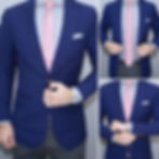 A blue windowpane blazer styled with a blue shirt and pink tie