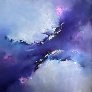 Atmospheric oil painting in blues, purple, pink and grey by Jaimie Volkaerts