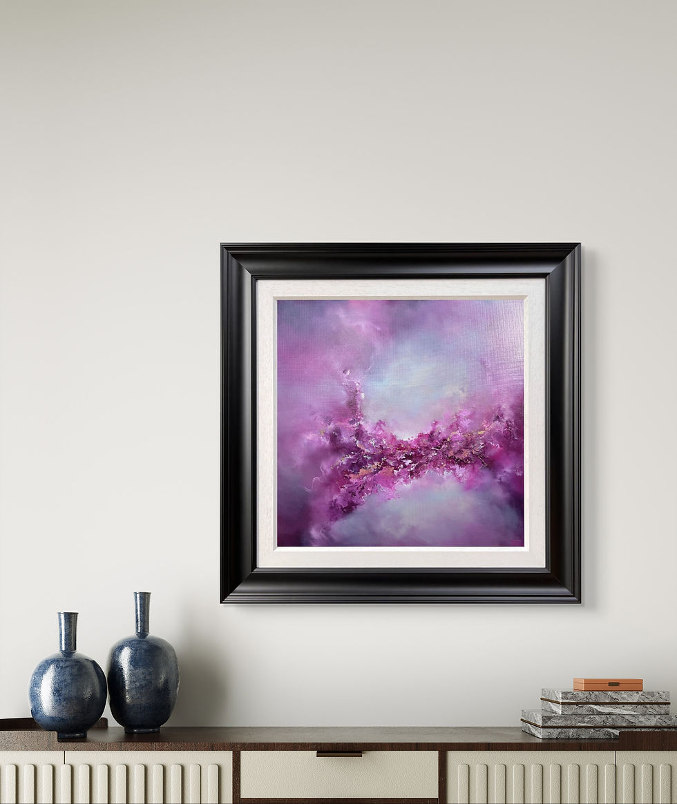 Thumbnail: A Sense of Hope Original Abstract Painting in colours of magenta, violet and blue full view with frame above sideboard