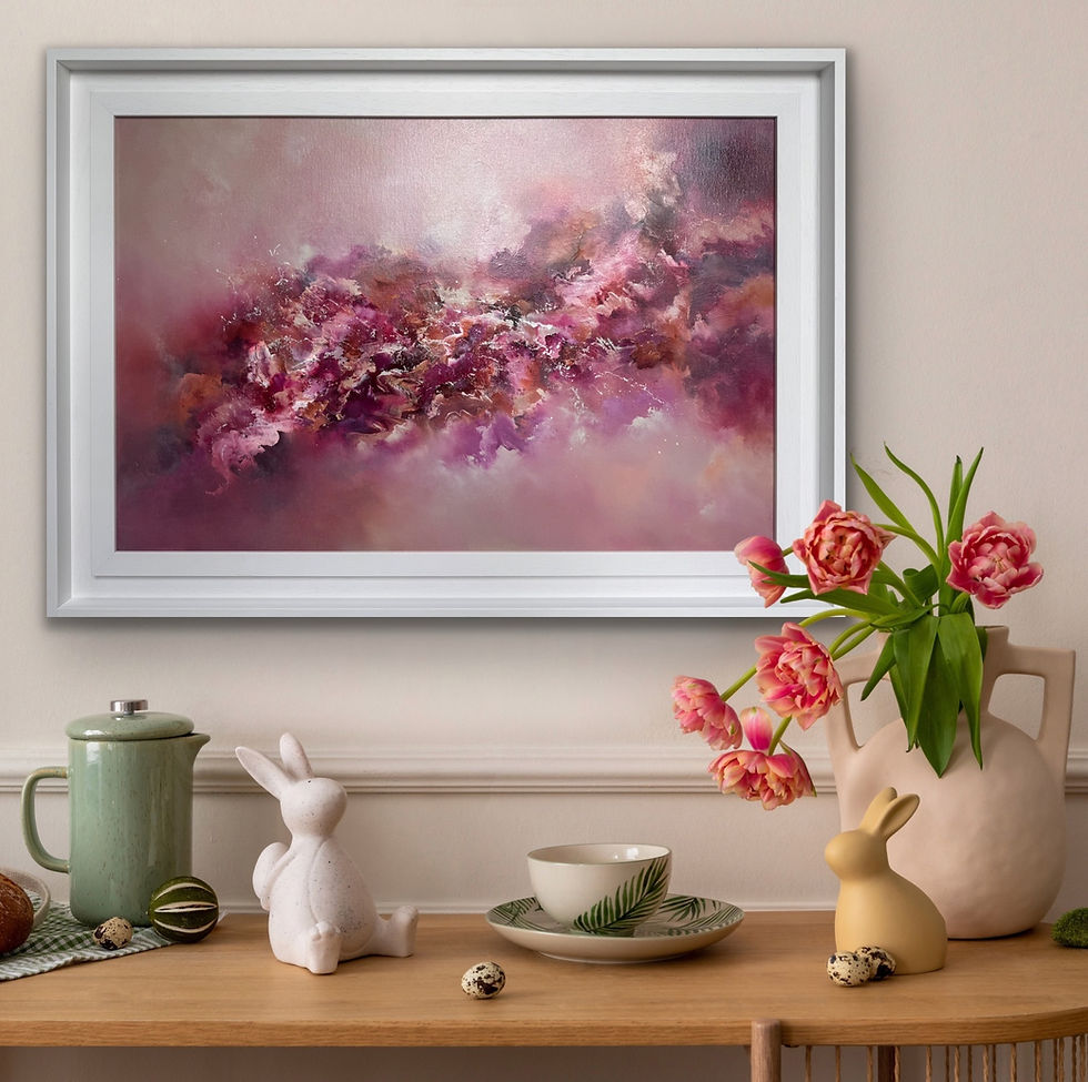 Thumbnail: Pink abstract painting in white frame above wooden sideboard