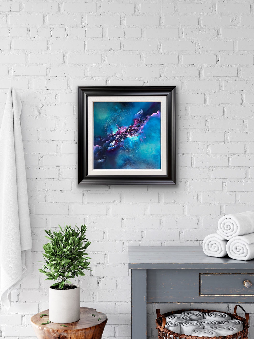 Thumbnail: Light Years Away vibrant original artwork full image in frame in room setting with grey table