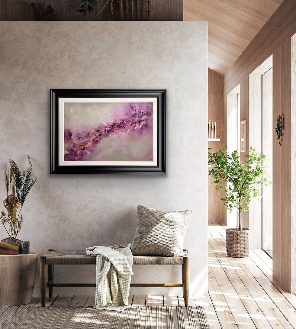 Thumbnail: Spring Blossoms Original Painting full view with frame in room setting hallway