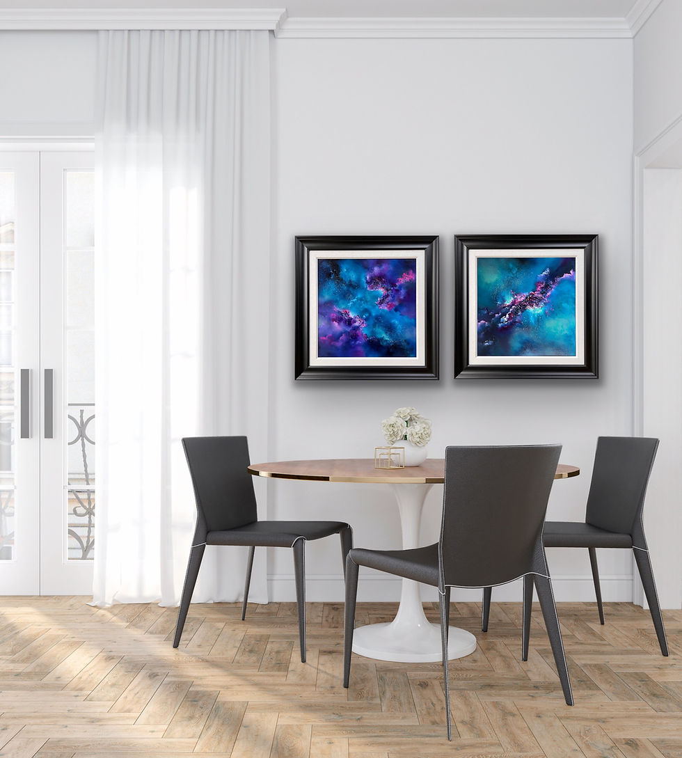 Thumbnail: Light Years Away vibrant original artwork full image in frame in dining room setting with additional painting