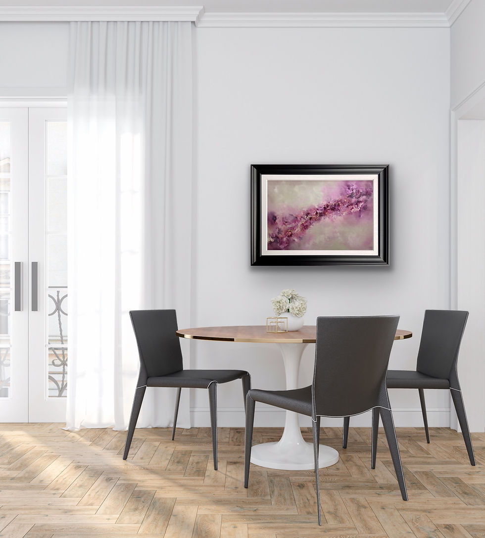 Thumbnail: Spring Blossoms Original Painting full view with frame in dining room