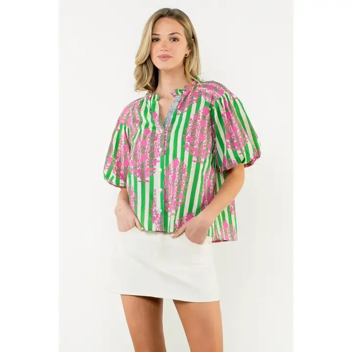 GREEN AND PINK  THML STRIPE TOP