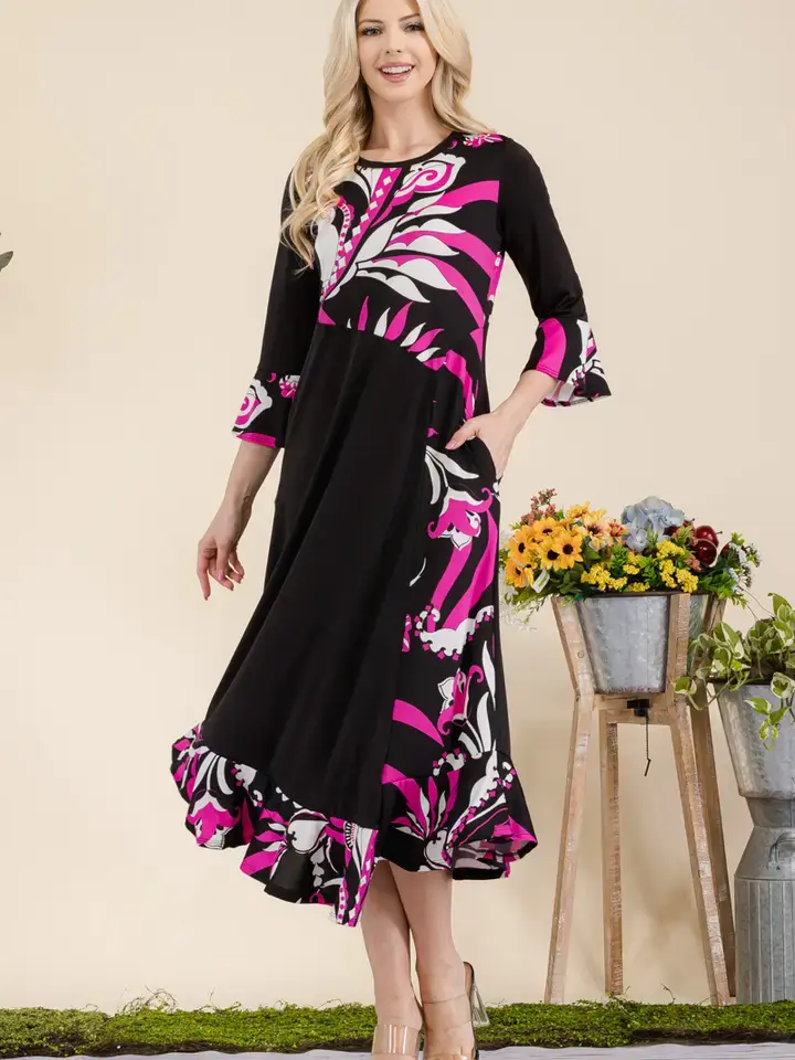 FLORAL CONTRAST EMPIRE DRESS