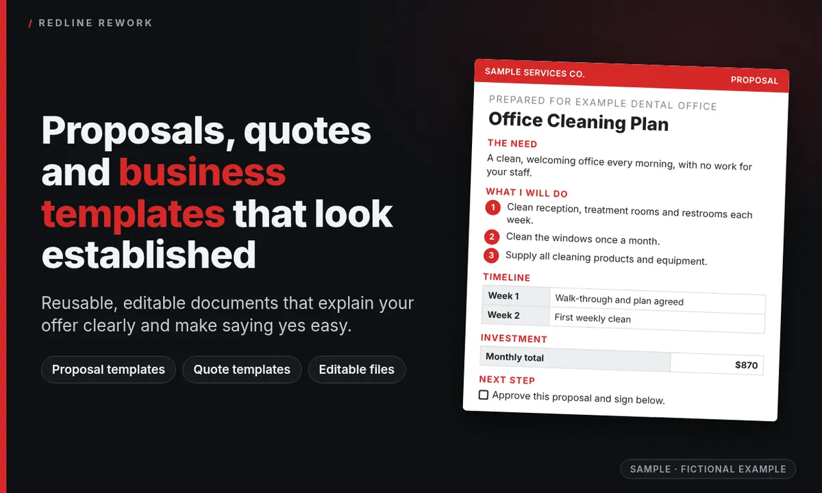 Sample graphic: Proposals, quotes and business templates that look established, with a sample proposal page