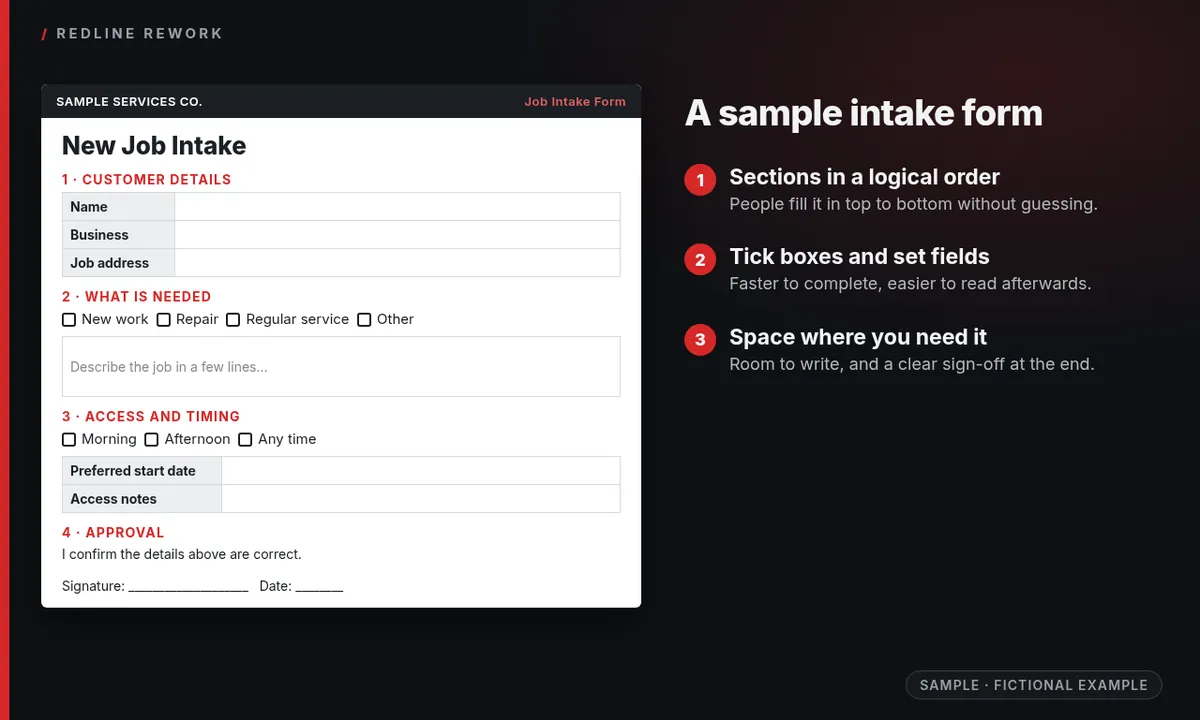 Sample New Job Intake form with customer details, tick boxes, access and timing, and an approval line