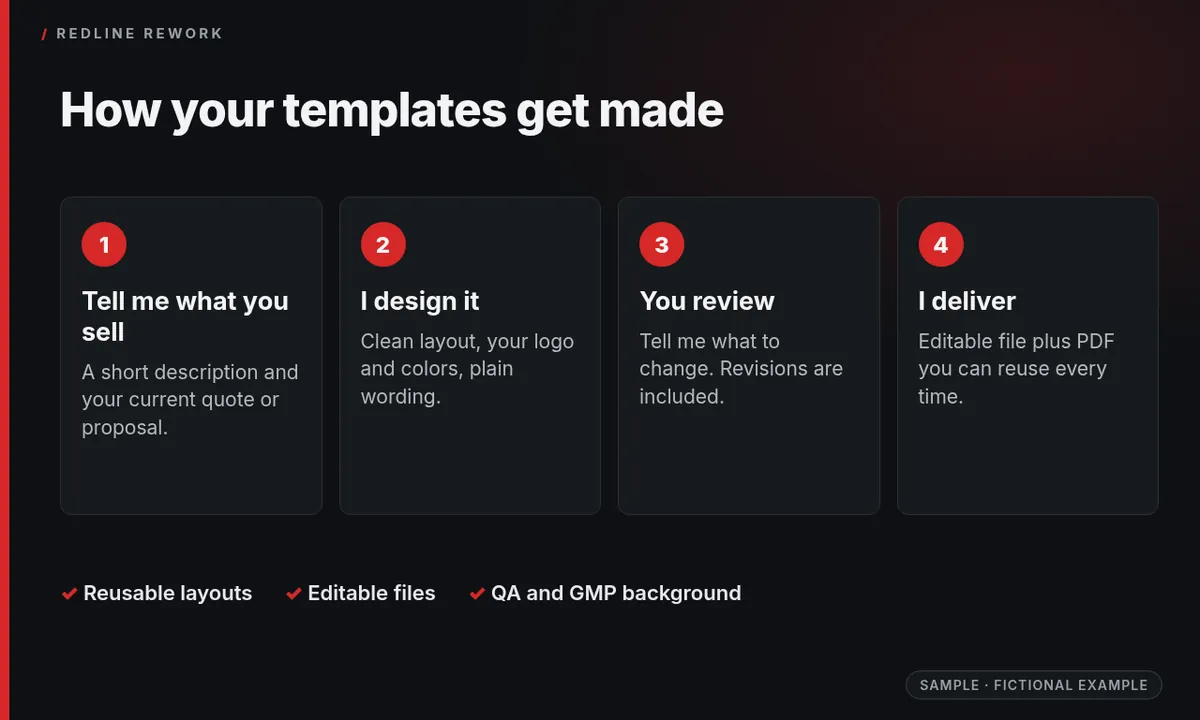Four steps: tell me what you sell, I design it, you review, I deliver an editable file plus PDF