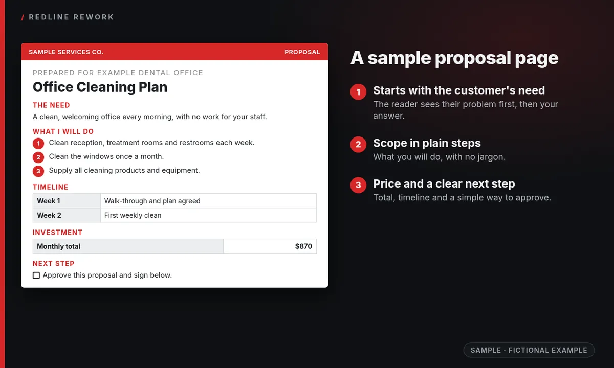 Sample Office Cleaning Plan proposal page with need, scope, timeline, investment and next step