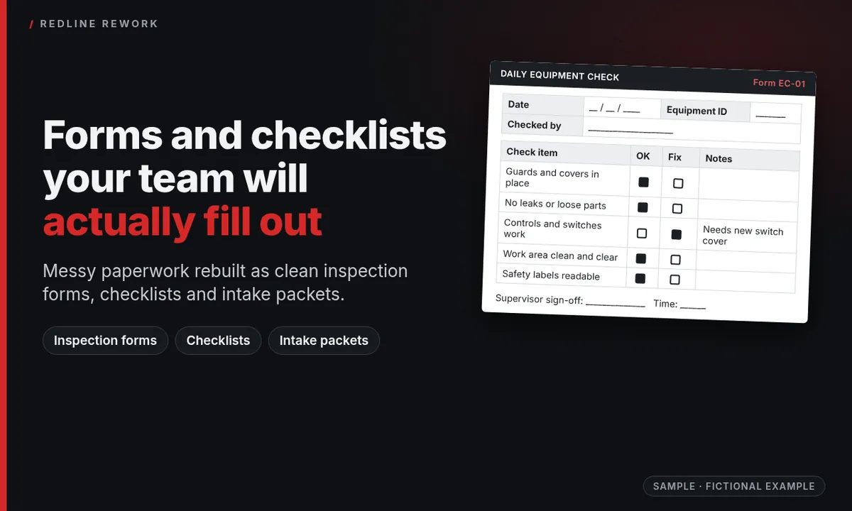 Sample graphic: Forms and checklists your team will actually fill out, with a sample daily equipment check