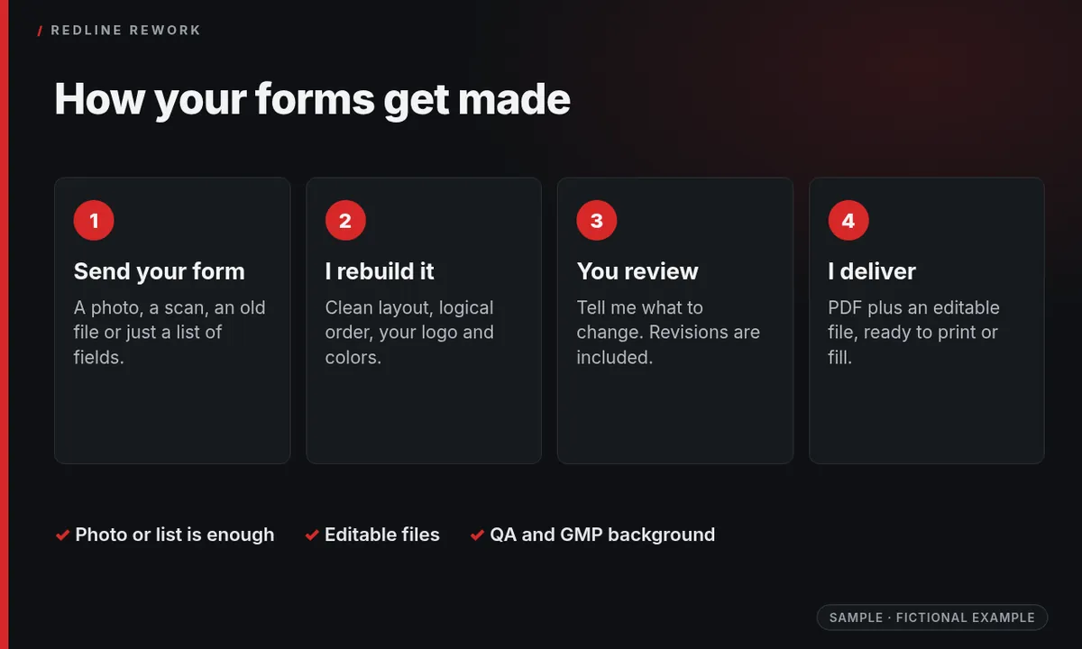 Four steps: send your form, I rebuild it, you review, I deliver a PDF plus an editable file
