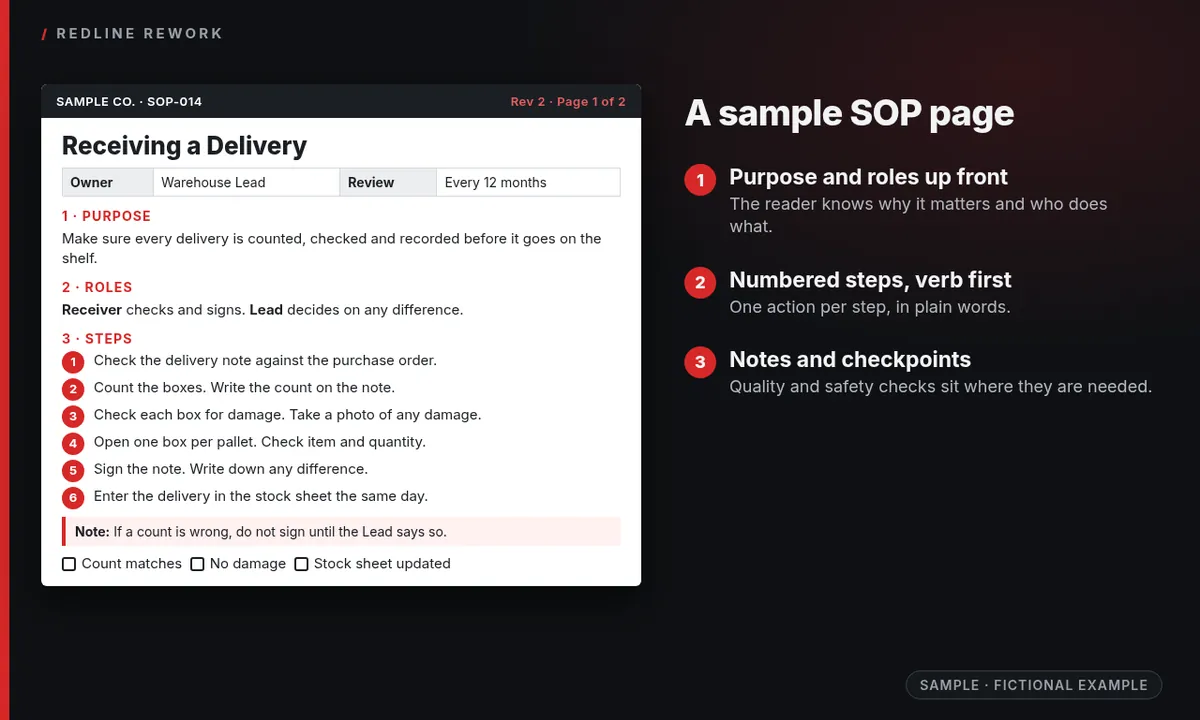Sample SOP page titled Receiving a Delivery with purpose, roles, numbered steps, a note and quality checks
