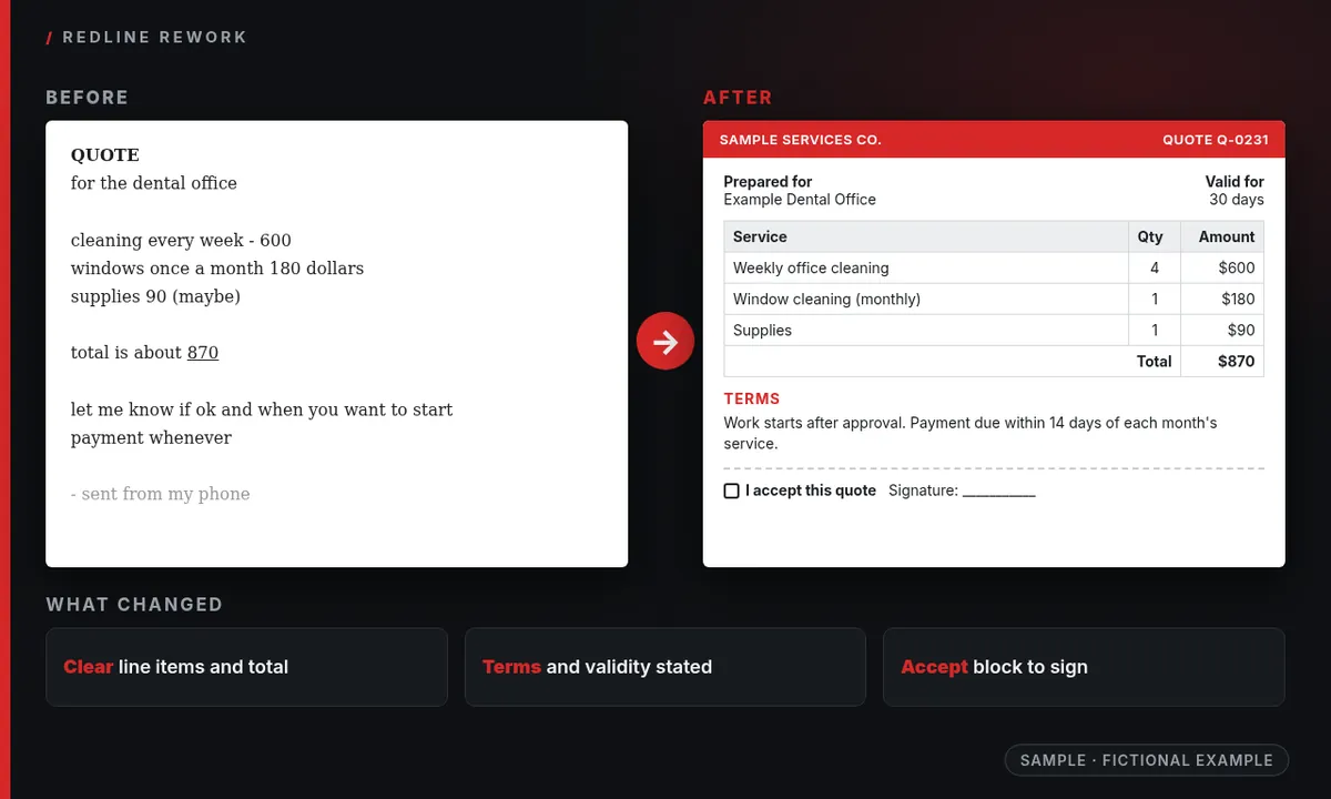 Before and after of a sample quote: a plain typed quote next to a clear line-item quote with terms and an accept block