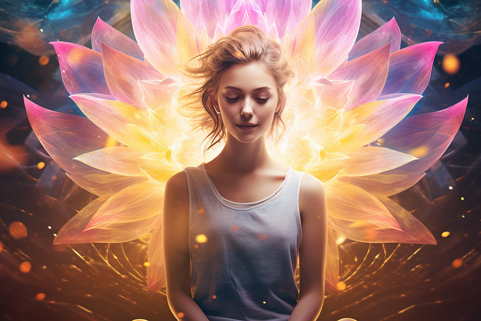 a woman with eyes closed in meditation lotus flower in background