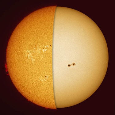 Figure 1: Composite image showing the Sun in white light (right) and in H-alpha. In the red of hydrogen light, we peer into the solar chromosphere, the layer directly above the photosphere. White light shows sunspots as they traverse the solar disc (Credit: ©Alan Friedman/avertedimagination.com).