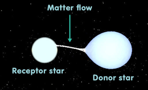 Figure 2: A conceptual diagram showing how matter in the form of gas can flow from one star to another in a binary star system (Credit: Einstein Online and G. Nelemans).