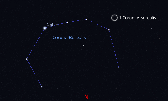 Figure 4: The constellation of Corona Borealis as viewed from the southern hemisphere with the location of T Coronae Borealis marked with a dashed circle. (Credit: Stellarium).