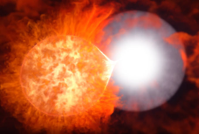 A thermonuclear explosion on the surface of a white dwarf in a close binary system.