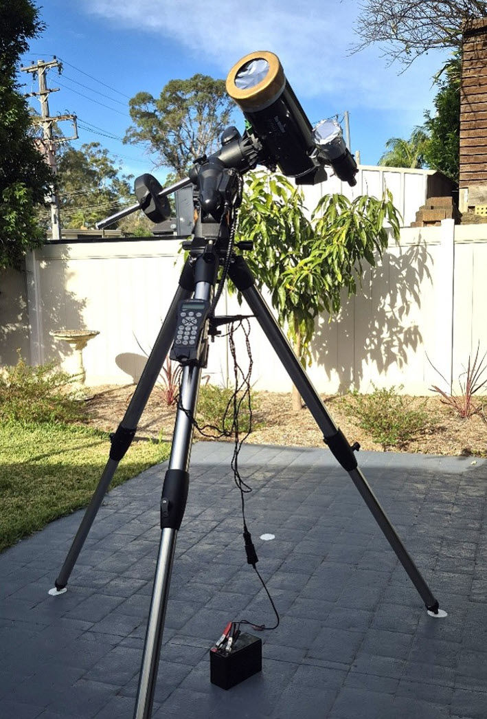 Figure 2: My backyard set-up for observing sunspots. Note both the telescope and finder scope are protected by full-aperture solar filters (Photo: Andrew Wood).